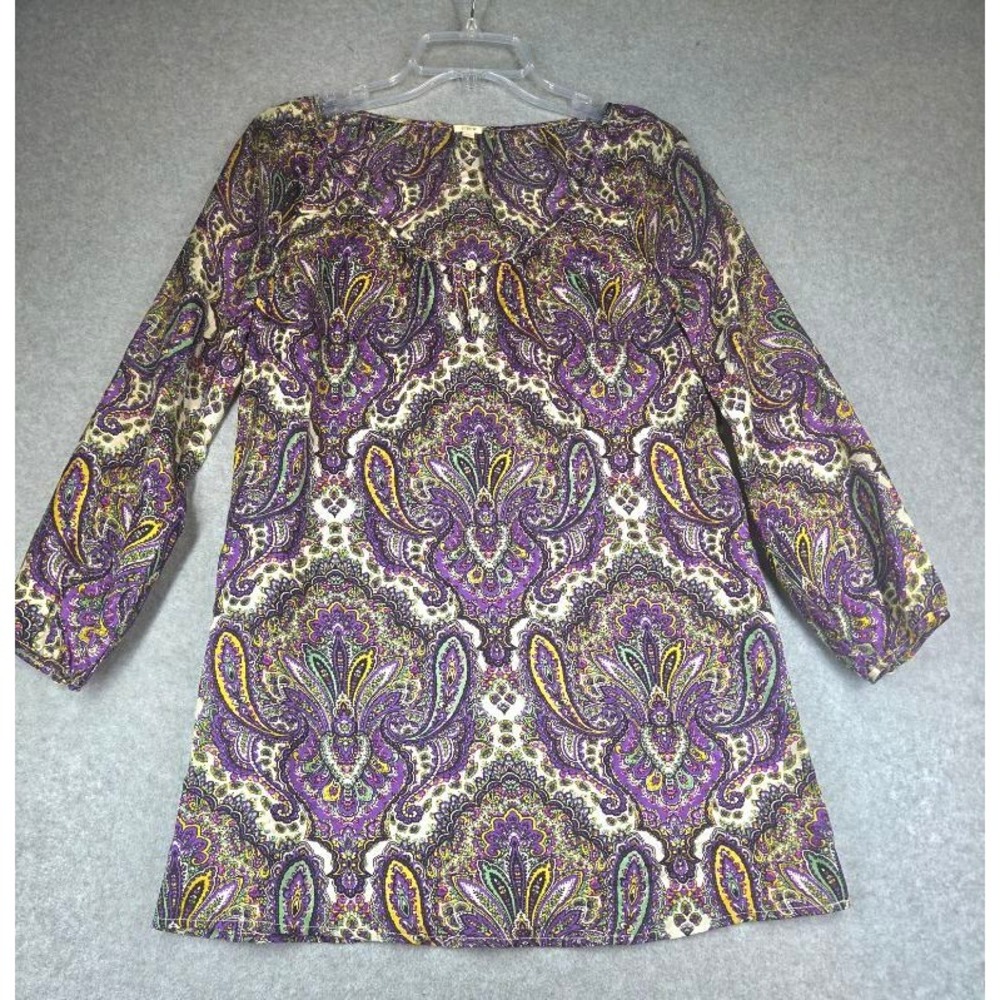 J.Crew Womens Purple Paisley 100% Silk Tunic Blouse XXS Long Sleeve Top